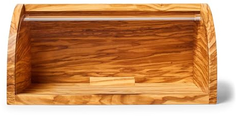 Sur La Table Olivewood Bread Box – 14.2 Countertop Bread Storage with Clear Lid & Handle, Crafted from Natural Hardwood with Unique Grain, Keeps Baked Goods Fresher Longer