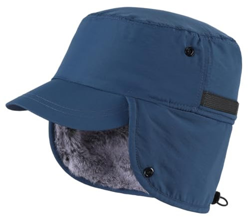 Magracy Outdoor Herren Winter-Baseballmütze mit Visier, warme Ohrenklappen-Mütze, Kunstfell, Trapper-Jagdmütze, Ski, Schnee, Dunkelblau