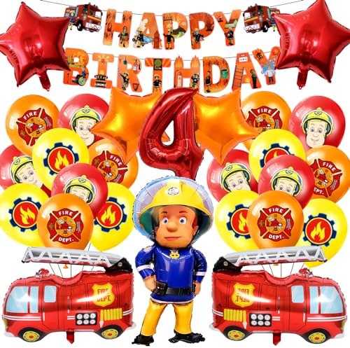 Feuerwehrmann Luftballon, Feuerwehrmann Deko Geburtstag,Feuerwehrmann Folienballon, Latexballon, Feuerwehrmann Deko Kindergeburtstag,für 4 Jahre Kinder Party Supplies