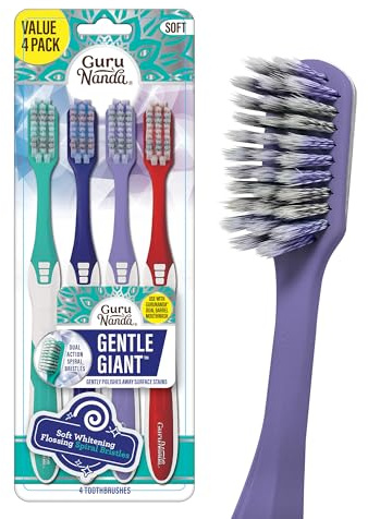 GuruNanda Gentle Giant Toothbrush with Dual Action Flossing Spiral Bristles, Non-Slip Ergo Dexa Grip, Helps in Teeth Whitening, BPA Free Manual Toothbrushes, Assorted Colors, 4 Count
