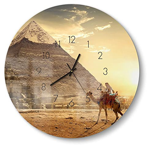 DEQORI Glasuhr | rund Ø 50 cm | Motiv Kamelritt in der Wüste | große XXL Design Uhr aus Glas | leise Wanduhr für Wohnzimmer & Küche | Moderne Hingucker Uhr für die Wand