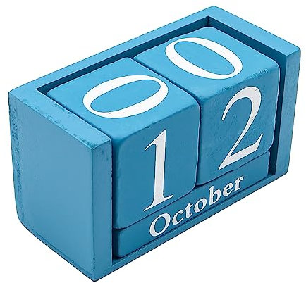 VOANZO Vintage-Holzkalender, Holzklötze, schicke ewige Kalender, Monats-, Datums- und Zahlenanzeige, Dekoration für Zuhause und Büro (blau)