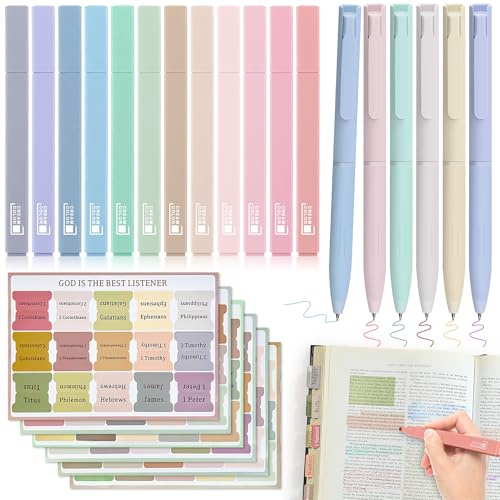 DazSpirit Kit de journal biblique, 12 surligneurs pastel de la Bible et 6 stylos avec 90 onglets laminés, kit d'étude de la Bible pour homme et femme
