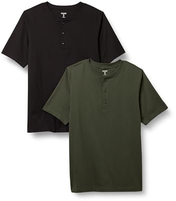 Amazon Essentials Men's Regular-Fit Short-Sleeve Cotton Henley T-Shirt, Pack of 2, Black/Dark Olive, L