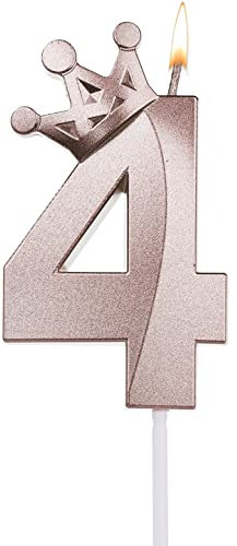 SAVITA 3.15'' Birthday Number Candle, Large 3D Number Candle for Birthday Cakes, Numeral Birthday Candles with Elegant Crown Decor for Parties Wedding Anniversary Valentine (Rose Gold, Number 4)