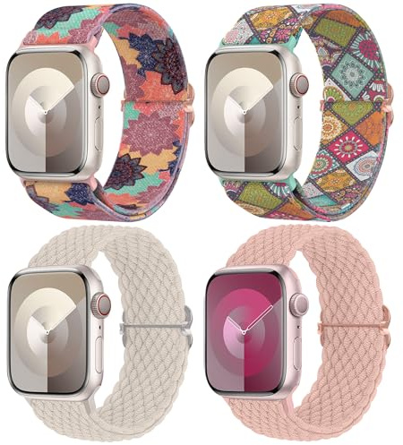 Delidigi 4 Piezas Trenzada Correas Compatibles con Apple Watch 40mm 41mm 38mm 42mm Mujer Hombr, Pulsera Nylon Deportiva Elástica Ajustable para iWatch Series 11 10 9 8 7 6 5 4 3 2 1/SE 3 2 1