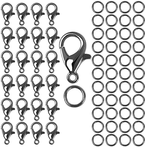 50 Stück verschlüsse für armbänder,kettenverschluss, mit 100 Biegeringe,perlen verschlüsse, karabiner schlüsselanhänger,kleine karabinerhaken,für DIY,rucksack,schlüssel(Schwarz)
