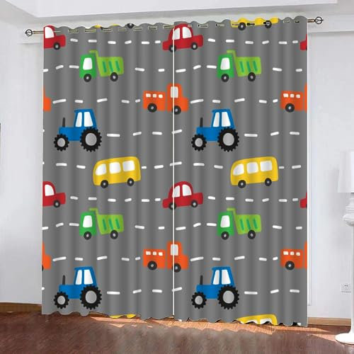 VULORA Kindervorhänge 3D Cartoon-Auto Blickdichte Gardinen LKW Verdunkelungsvorhang mit Ösen für Jungen Mädchen Schlafzimmer Wohnzimmer Thermo Vorhänge 100x95cm(BxH), 2er Set