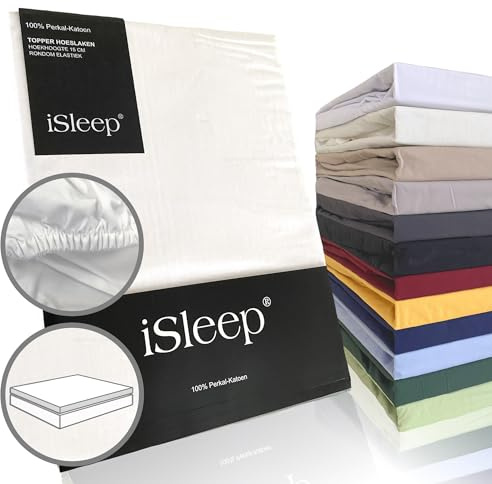 iSleep Topper Spannbettlaken Perkal 100% Baumwolle (Weiß, 180x210 cm)