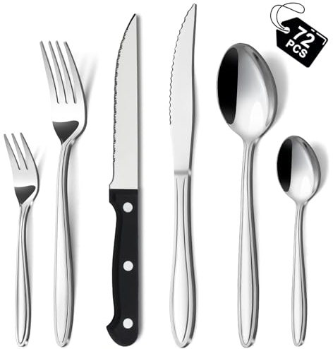 Hunnycook Juego de cubiertos de 72 piezas con cuchillo de carne, acero inoxidable premium, juego de cubiertos para 12 personas, elegante juego de cubiertos con cuchillo, tenedor, cuchara para