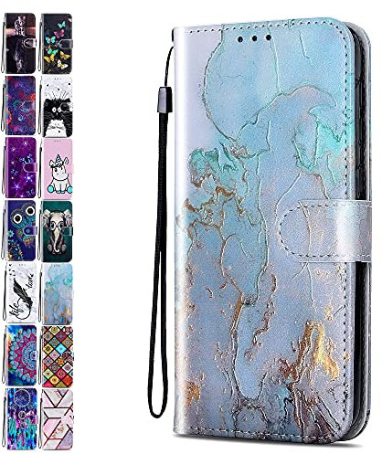Leather Phone Case for iPhone 7 8 SE 2020 6S 6 Pattern Print Design Flip Wallet Cover with Card Slots Holder for Girls Boys - Gold Blue Marble