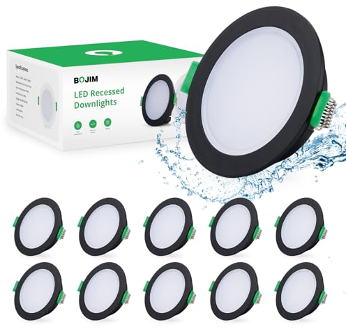 Bojim LED Einbaustrahler 230V Flach Schwarz, LED Spots IP65, Neutralweiß 4000K, 68mm - 80mm Lochmass, 5W Einbauspots Deckenspots Einbauleuchten für Wohnzimmer Badezimmer Küche Feuchtraum, 10er