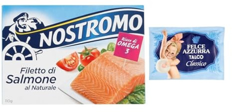 5er-Pack Nostromo Filetti di Salmone al Naturale,Natürliche Lachsfilets,110g + 1er-Pack Kostenlos Felce Azzurra Talkumpuder, 100g-Beutel