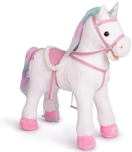 Pink Papaya Stehpferd zum draufsitzen | 60cm Spielpferd zum Reiten Rainbow | Pferd zum Reiten für Kinder mit Sound | Sattel Pferd