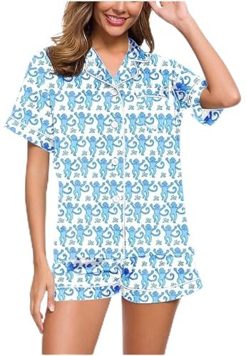 2 Piece Womens Roller Rabbit Pajamas Y2k Pajama Set Monkey Bunny Tiger Floral Pj Shorts Roller Rabbit Dupe (Blue,Medium)