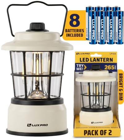 LUXPRO Retro LED Lantern - Battery-Powered Emergency Lantern - Water Resistant - Bright LED Lamp for Indoor & Outdoor Use - Use for Tents, Hiking or Hurricane Prep (Beige, Pack of 2)