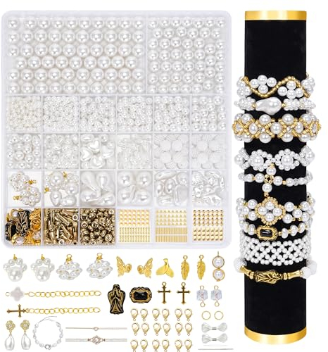GREFIYAS Perlen für armbänder,weisse perlen set,4/5/6/7/8/10/12mm perlen weiss,30 Arten von Formperlen,Goldene perlen,Schmuck selber machen set erwachsene,weiße perlen für armbänder/ketten