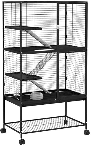 PawHut Jaula para Animales Pequeños de 4 Niveles Jaula para Roedores con Ruedas Rampa Cuenco Botella de Agua y Bandeja Extraíble Recinto para Conejos Chinchillas Hurones 78x45,5x136 cm Negro