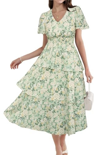 GRACE KARIN Women Flowy Beach Maxi Dress Long Floral Chiffon Dresses Spring Picnic Daily V Neck Midi Dress Yellow Flowers XXL