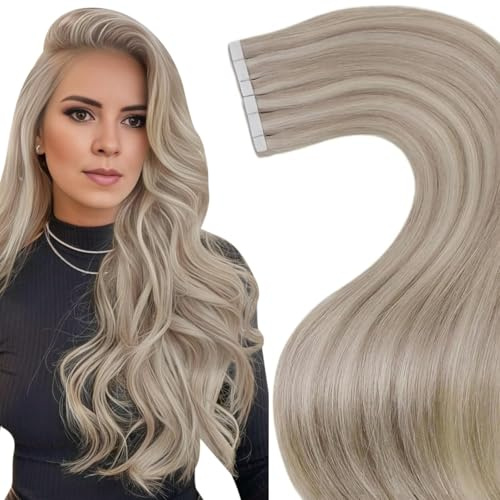 LaaVoo Echthaar Extensions Tape in Hellblond & Ashblond Highlight Blond Haarverlängerung - Glatt, 50g, 20pcs, 50cm #18/613