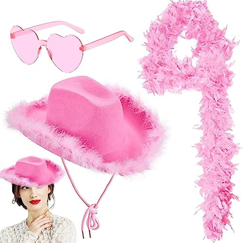 Cowboyhut für Damen, Federboas-Set, Western-Cowgirl-Hut mit Federboa und Sonnenbrille, Tanzparty, Requisiten, Federboa, Cowgirl-Hut für Frauen, Dekoration, Zubehör, Zubehör für Rave-Party, Cosplay