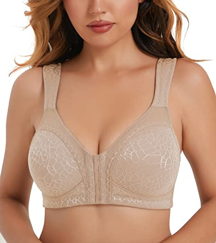 Curyon Women's Front Closure Back Support Minimiser Bra Full Figure Jacquard Beige 46E