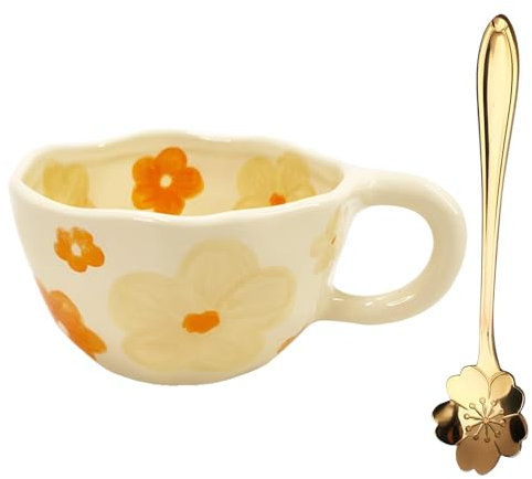 300mL Mugs for Women,Handmade Cute Mug,Ceramic Coffee Cup,Kawaii Coffee Cup Cute Mugs with Spoon,Aesthetic Flower Ceramic Mugs for Tea,Milk,Cappuccino,Cocoa,Mug Gift for Women,Girls,Mum (Orange)