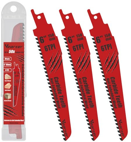 Vearter 150mm Reciprocating Saw Blades 3PCS, Carbide 6TPI Reciprocal Saw Blades for Soft and Hard Wood, Nailed Wood
