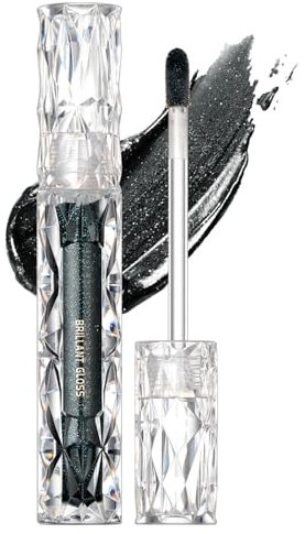 Diamant Lipgloss Matt, Schwarz Flüssig Lippenstift mit Funkeln, 3D Perlglanz Black Lip Gloss, Langlebig & Wasserfest Liquid Lipstick, Feuchtigkeitsspendende & Hochpigmentierter Metallic Shimmer Lippen