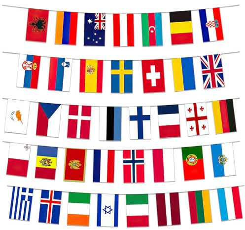Eurovision Flags Bunting, Eurovision Party Decorations, European 38 Nation Flags, 14x21cm - 12m Long, Euro 2025 Song Contest Euro Football Party Bar Club Garden and Street Decorations