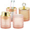 Nymblis Bathroom Accessory Set, 4Pcs Glass Bathroom Accessories Set of Soap Dispenser, Toothbrush Holder, Tumbler and Cotton Swab Jars, Luxury Decorations for Home Apartment, Vintage Gift (Pink）