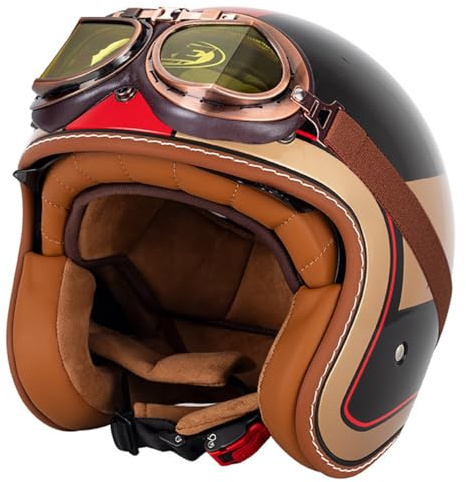 EBAYIN Retro Casque Demi Jet, Casque Jet Vintage, Casque Moto Scooter, Casque Bol Homologué ECE Casque De Protection for Hommes Et Femmes, Casque De Cyclomoteur avec Lunettes(F,L=(59~60cm))