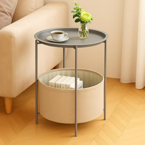 Rinkgarden Round Side Table with Fabric Basket, Modern and Sturdy, Metal End Table for Living Room, Bedroom, Bedside Table, Nursery, Laundry or Balcony (Grey+Beige)