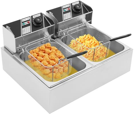 2.5KW Friteuse Acier Inoxydable Double Bac 2 Thermostats Indépendants 6 L - Pièces Démontable et 2X Paniers-filtres - 60-200°C