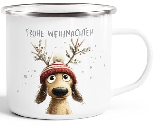 SpecialMe® Emailletasse Frohe Weihnachten Lustige Tiere Dackel Winter Weihnachtsbecher Geschenkidee Weiss-silber standard