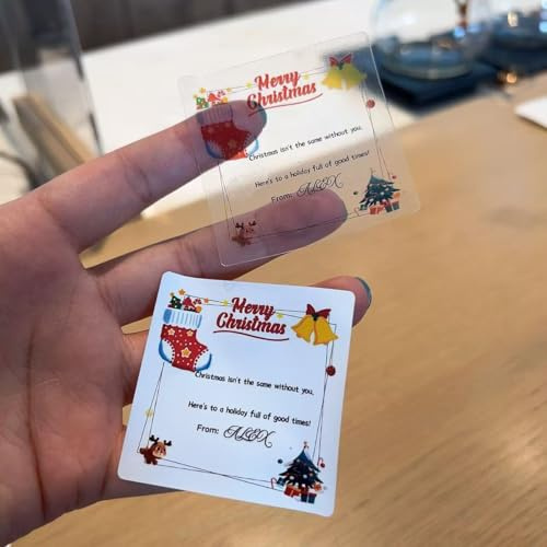 Personalisierte Weihnachts-Geschenketiketten, quadratisch, selbstklebend, weiß und transparent, 3,9 cm und 5,5 cm, Weihnachtsgeschenk-Etiketten mit Frohe Weihnachten Design