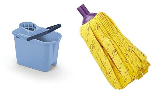Mery | Set Cubo con Escurridor + Fregona Tiras | Limpieza Hogar | Azul/Blanco