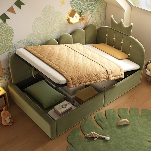 Aunvla Polsterbett Daybett 90x200 cm,Tagesbett-Schlafsofa mit Stauraum (hydraulisch),Gästebett L-Form Samt in Grün mit Kronen-Gitter-Design, ohne Matratze