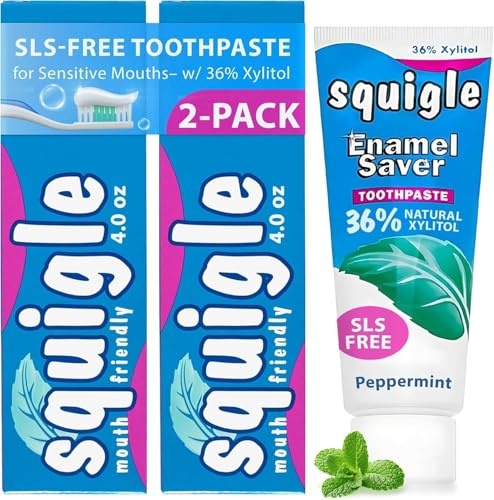 Squigle Enamel Saver SLS-Free Toothpaste for Sensitive Mouths, 36% Xylitol | SLS-free fluoride toothpaste for people with mouths irritated by conventional toothpaste: gentle, low-foam, mild mint 2PK
