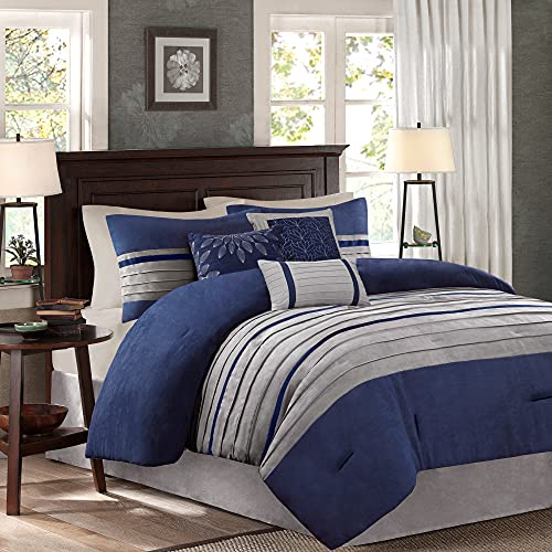 Madison Park Cozy Comforter Set-Luxury Faux Suede Design, Striped Accent, All Season Down Alternative Bedding, Matching Shams, Decorative Pillow, Blue, California King (104 in x 92 in)