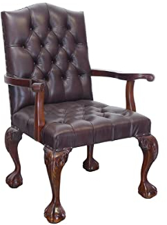Stuhl Armlehnstuhl Sessel Antiker Stil Massivholz mit braunem Leder (4409)