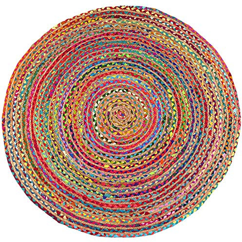 EYES OF INDIA - 4 ft Round Colorful Natural Jute Chindi Sisal Woven Area Braided Rug Boho Chic Bohemian Accent Indian Handmade Handwoven