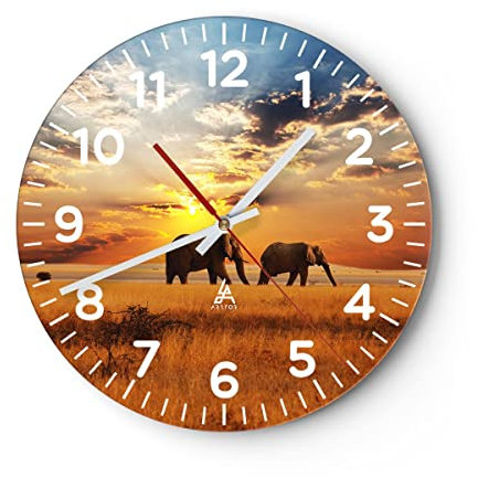 Modern Wanduhr Elefanten Safari Dschungel Busch 40x40cm Rund Groß Wand Uhr Glas Analog Zimmeruhren Küche Büro Wohnzimmer Glasuhr Wall Clock Dekoration Design Wanddekoration Küchenuhr C4AR40x40-3150