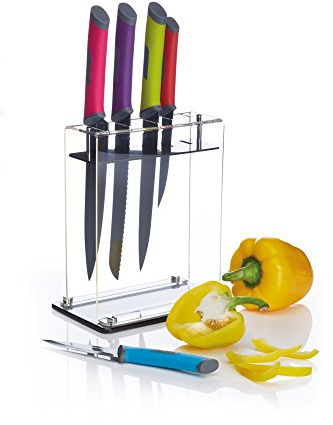 Colourworks 5-Piece Coloured Stainless Steel Knife Set and Acrylic Knife Block - 'Brights' Colours