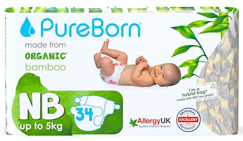 PureBorn 34 Windeln Größe 1 (0-5 kg) – Ultra-Saugfähig, Hypoallergen, Weich & Sanft für Neugeborene (0-3 Monate) – Dermatologisch Getestet, Auslaufsicher, Umweltfreundlich aus Bambus