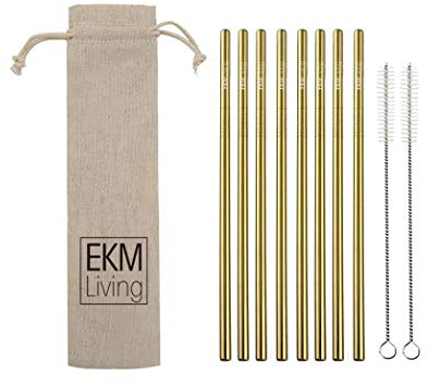EKM Living Lot de 8 pailles droites en acier inoxydable, dorées, incassables, réutilisables, passent au lave-vaisselle, sans plastique, GmbH (or droit, 8)