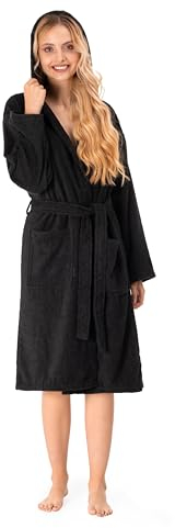 Bademantel Damen - 100% Baumwolle (350g/m²) OEKO-TEX® Zertifiziert - Morgenmantel Damen mit Kapuze, 2 Taschen, Gürtel - Schwarz - S