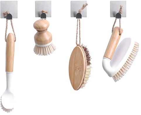 YAYA.planet Brosses Cuisines Brosse buanderie Brosse Legume - Pack de 4 brosses en Bamboo et Plastique recyclé + 4 Crochets INOX pour Les Suspendre - YAYA PLANET , Marron, Blanc, Beige