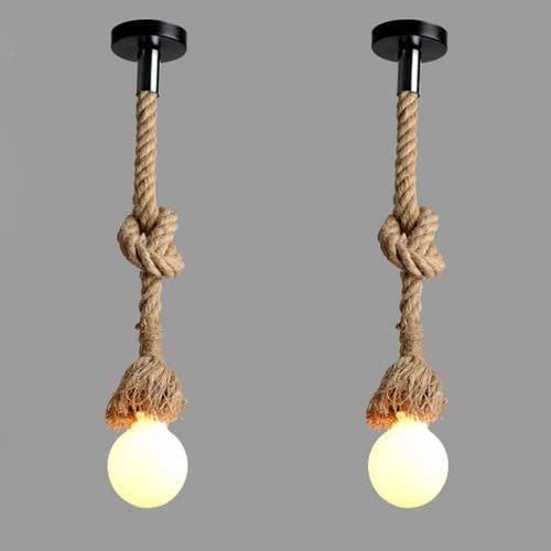 Lampadario in Corda di Canapa 2x Singola Testa Canapa Vintage Luce Appesa Soffitto 2Pz Lampada a Sospensione Retro Stile Country per Soggiorno Cucina Rustica Lido Marino Ristorante Bar Pizzeria, E27