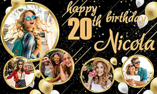 Personalised birthday banner Photos gold black party celebration stars balloons event decoration poster any age,any name